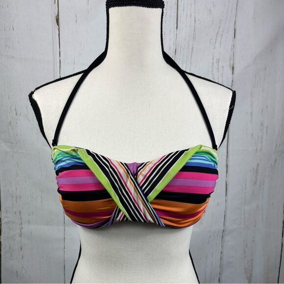 Kenneth Cole Reaction Multicolored Striped Cross Front Bandeau Bikini Top M - Picture 1 of 7